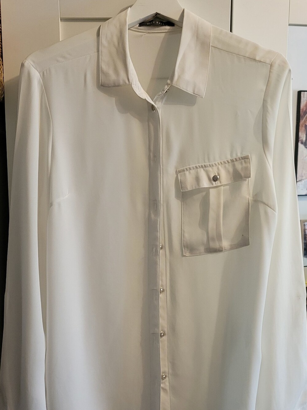 Suzy Shier Cream Button-Up Blouse with Chest Pocket